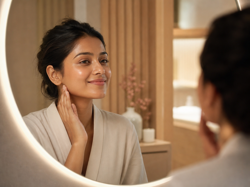 Client admiring fresh, glowing skin after a HydraFacial at CoLaz Uttara