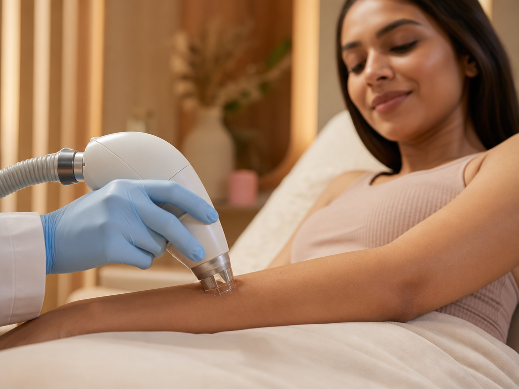 Cooling-tip laser handpiece gliding over a client's forearm at CoLaz Uttara